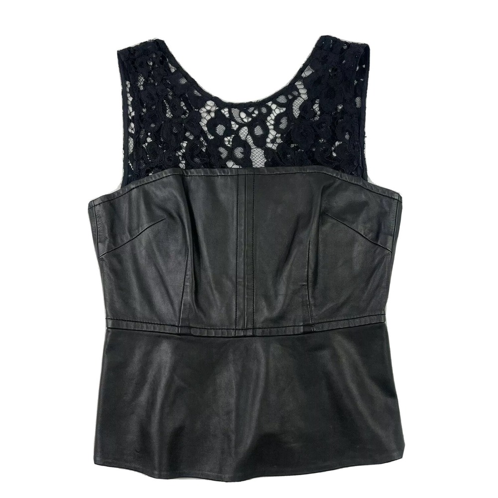 Trina Turk Black Leather Lace Mixed Media Peplum Tank Blouse Womens 4